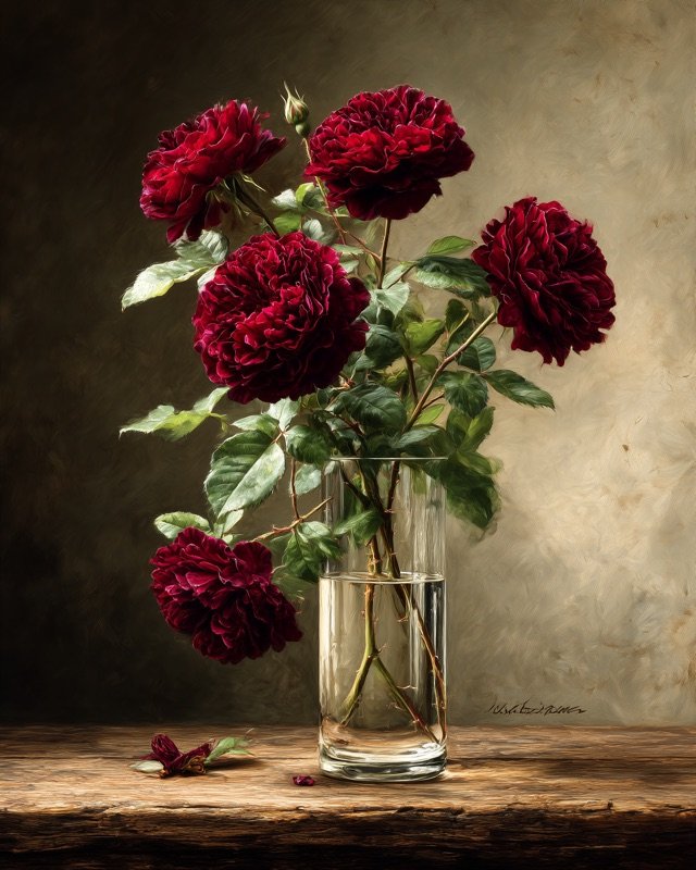 Deep burgundy garden roses arranged in a clear glass vase, classic botanical oil painting