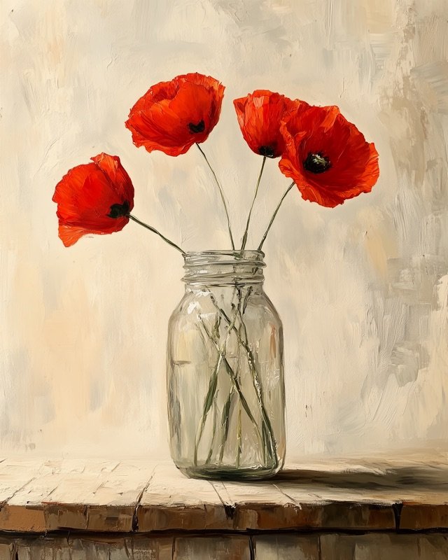 Slender-stemmed red poppies in an expressive botanical oil painting for neutral interiors