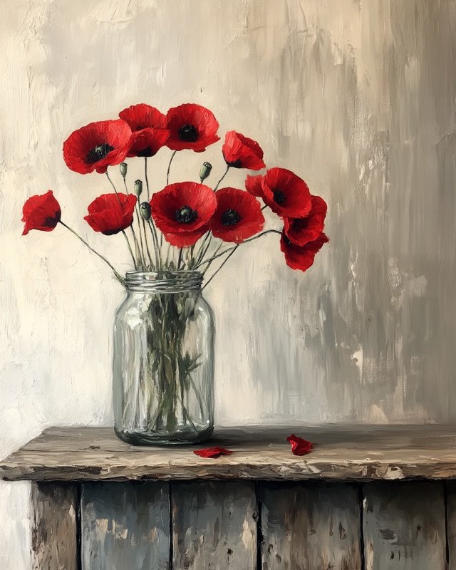 Red poppy flowers with soft surrounding foliage in a delicate botanical painting
