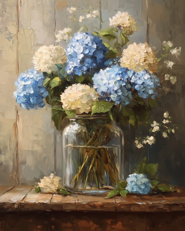 Elegant bouquet of hydrangeas and garden roses together in a warm oil painting