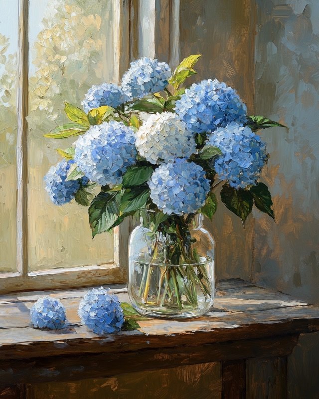Hydrangeas and garden roses in a glass vase, soft floral still life oil painting