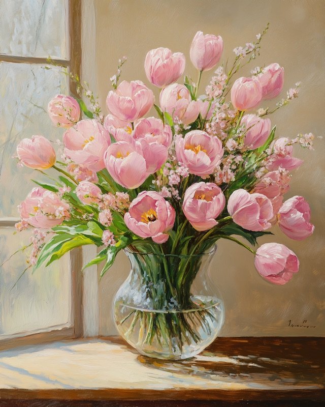 Elegant soft pink tulips with layered petals in a botanical oil painting for bedrooms