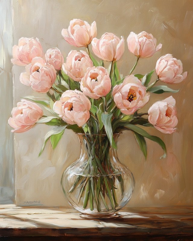 Loose pink tulips and layered foliage in a romantic botanical oil painting