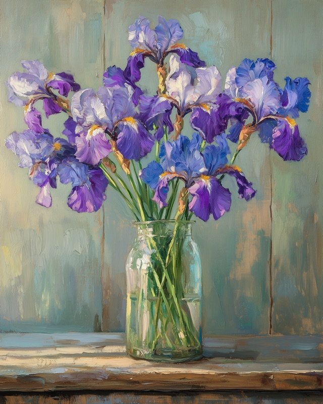 Purple and blue iris flowers with long stems in a classic botanical oil painting