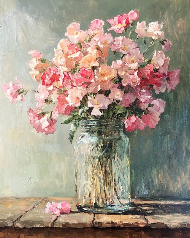 Sweet peas and roses in muted, soft tones — a cottage garden oil painting for hallways