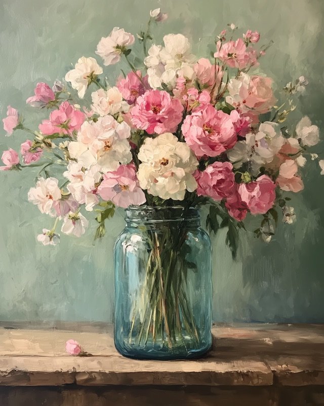 Sweet pea and rose bouquet painted in blush and cream, soft botanical wall art