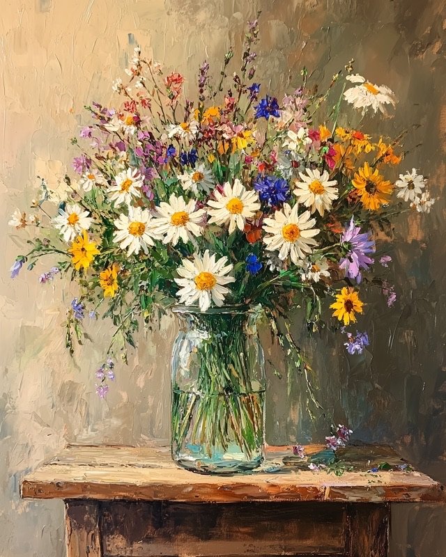 Loose cottage garden wildflower bouquet in a natural painterly oil style