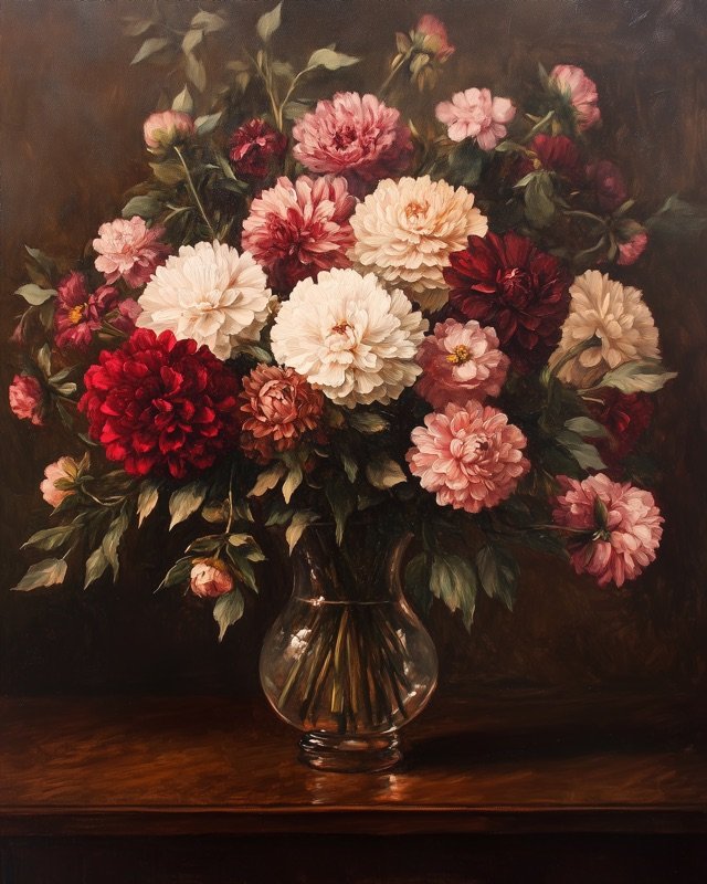 Lush dahlias and peonies in deep jewel tones, a bold botanical oil painting