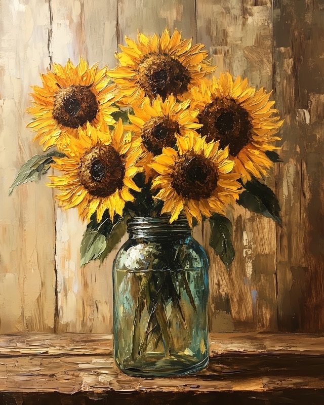 Golden sunflowers with deep green foliage, warm oil painting for kitchen or dining room