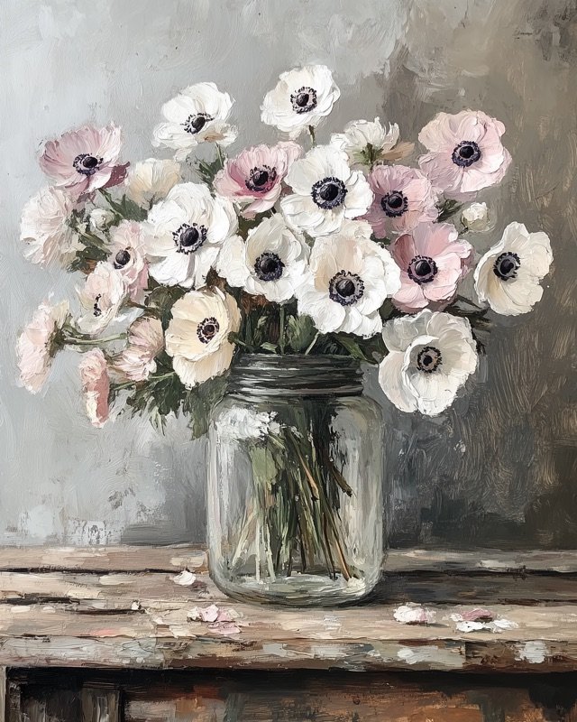 Anemones and ranunculus in muted earthy tones, a loose natural botanical oil painting