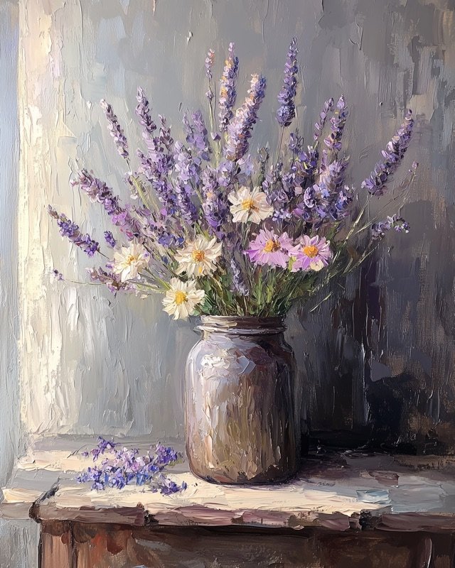 Meadow lavender and soft wild blooms in a calming botanical oil painting for bedrooms