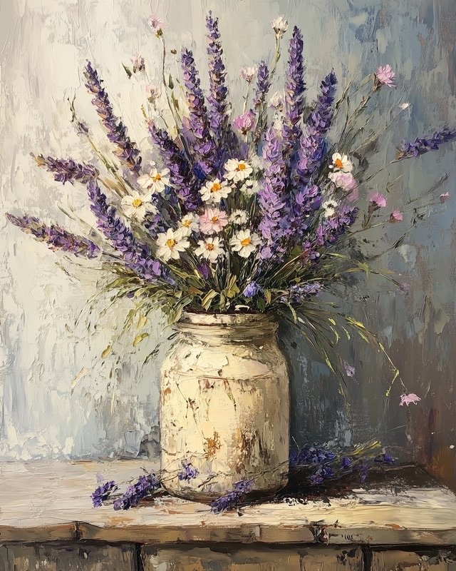 Lavender and wildflowers in a loose meadow bouquet, muted botanical oil painting