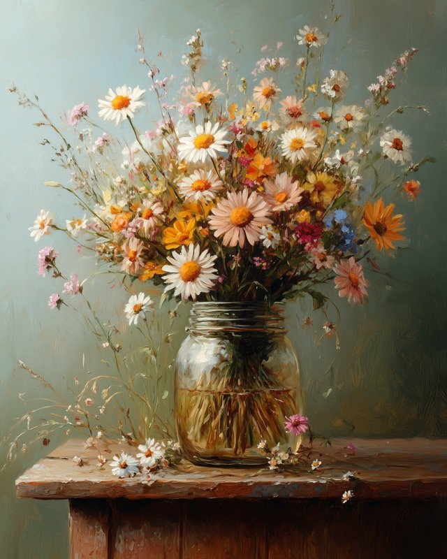 Wildflowers and daisies in a natural meadow bouquet, soft botanical oil painting
