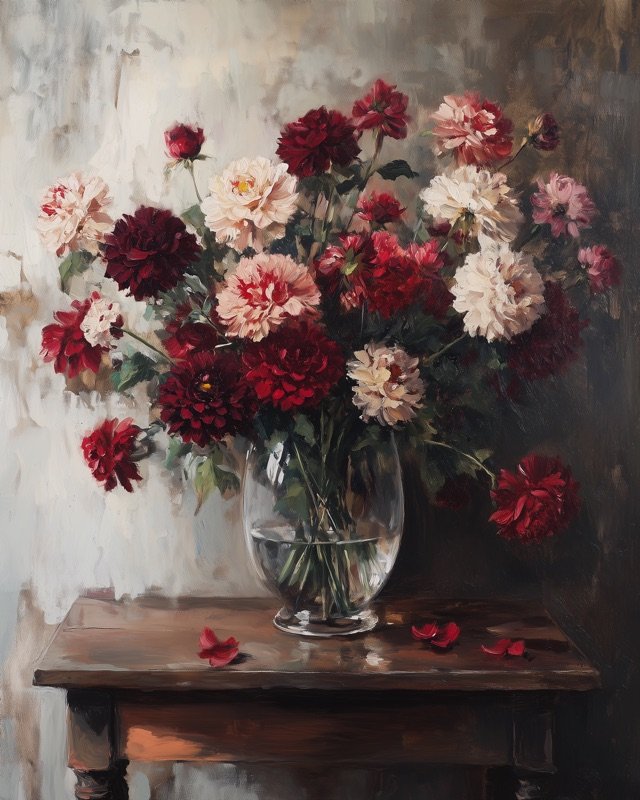 Rich burgundy dahlias and deep red roses in a dramatic botanical oil painting