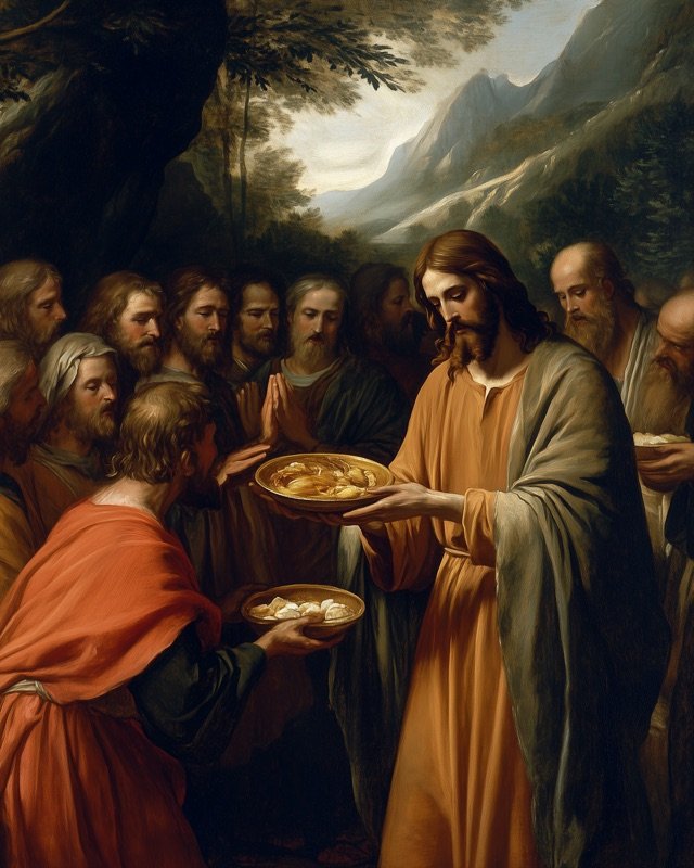 Jesus feeding the five thousand in a golden landscape, classical Christian oil painting