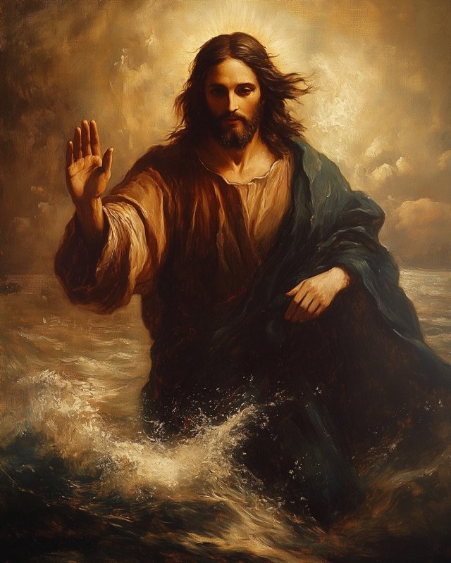 Jesus parting the sea at sunrise with dramatic golden light, faith-inspired wall art