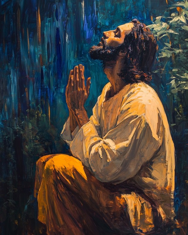 Jesus praying in the Garden of Gethsemane at night, devotional Christian oil painting