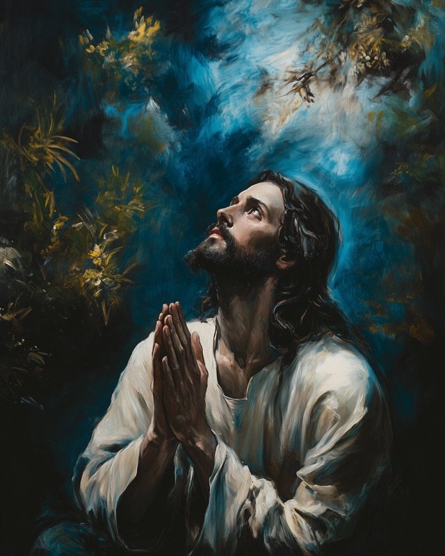 Jesus in contemplative prayer in the garden at dusk, soft and devotional wall art