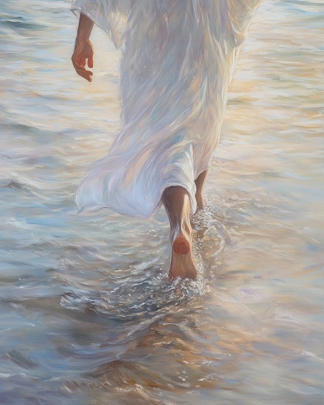 Jesus walking into the sea at dawn with a glowing horizon, faith wall art for bedrooms