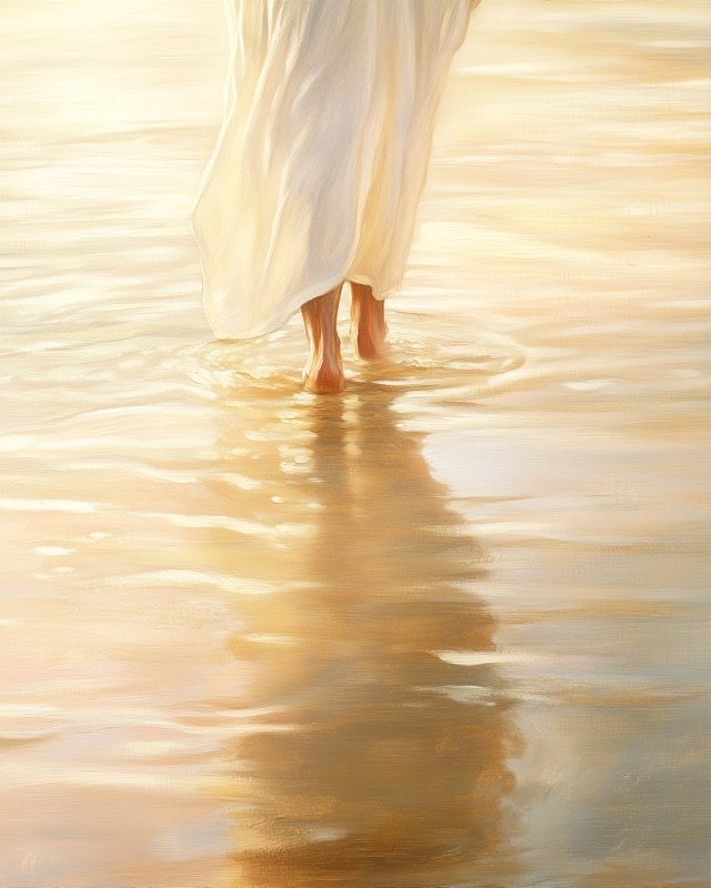 Jesus walking calmly on stormy water with parted clouds above, dramatic Christian art
