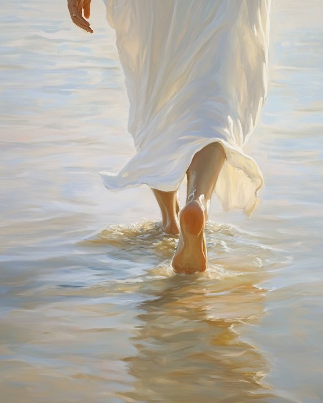Jesus walking on the Sea of Galilee in warm evening light, a timeless Christian painting