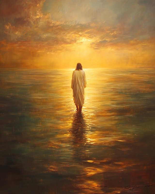 Jesus walking on water in a classic impressionist painting style for neutral home decor
