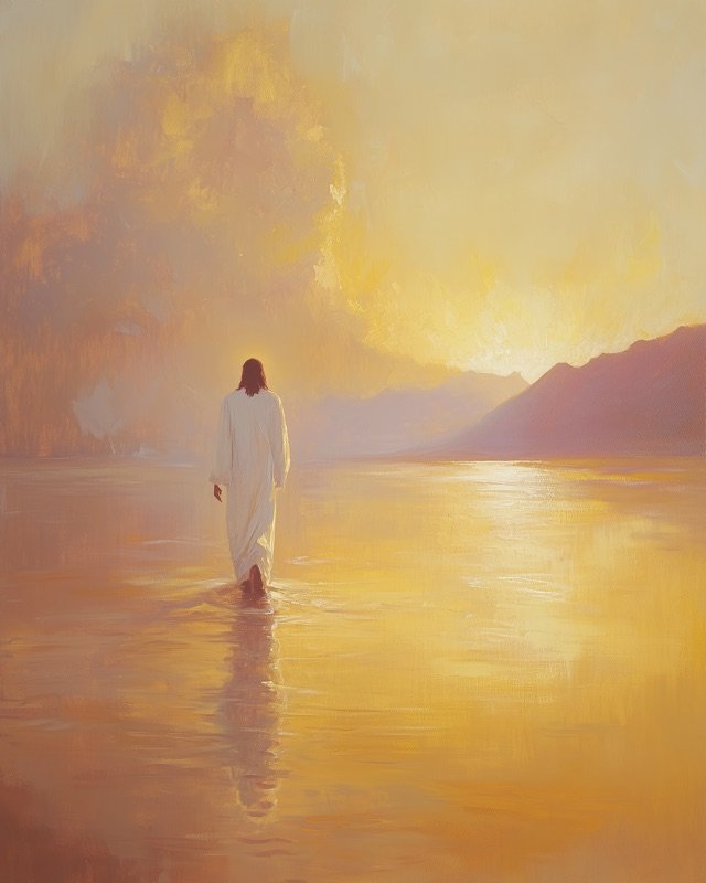 Jesus walking on the waves while disciples watch from their boat, classical Christian art