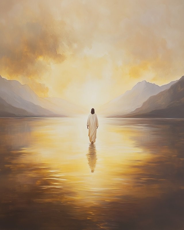 Christ walking on water with anxious disciples watching from their boat, scriptural art