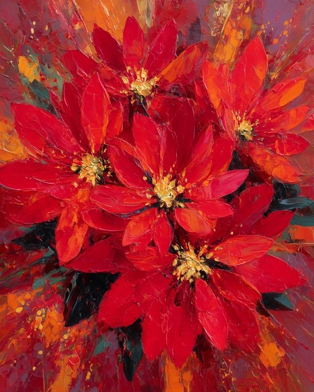 Bold oil painting of giant red poinsettia cluster wall art