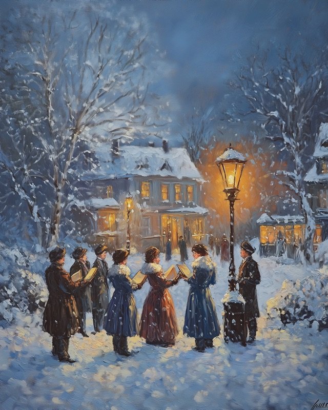 Victorian carolers gathered in a snowy village street scene