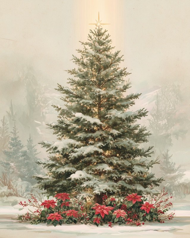 Large evergreen Christmas tree filling the canvas oil painting printable