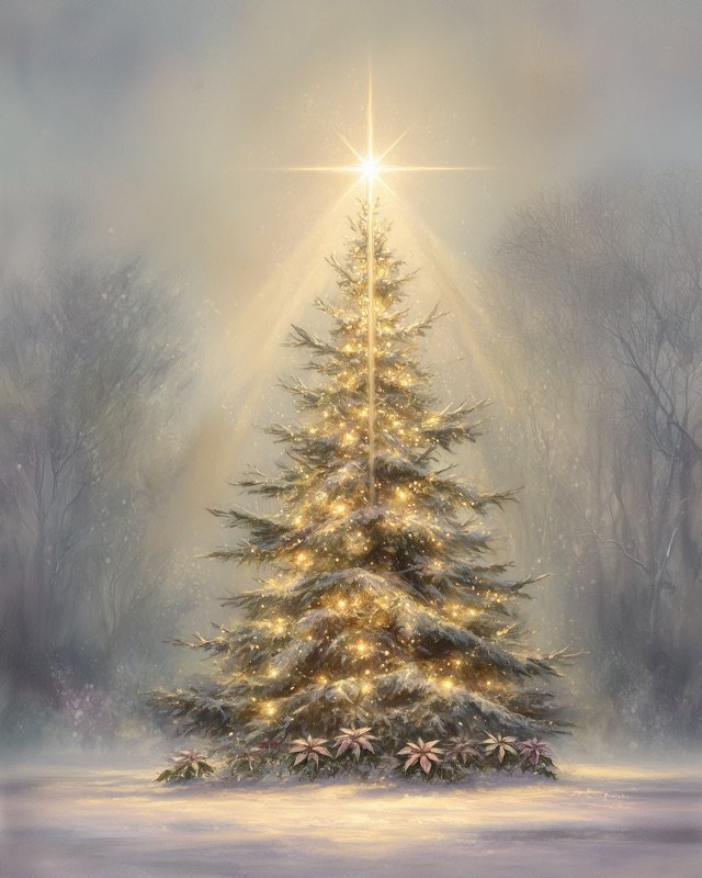 Solitary evergreen Christmas tree in snowy landscape art print