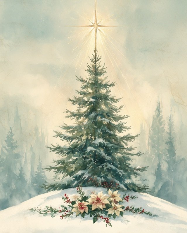 Majestic Christmas tree on a snowy hill at twilight oil painting