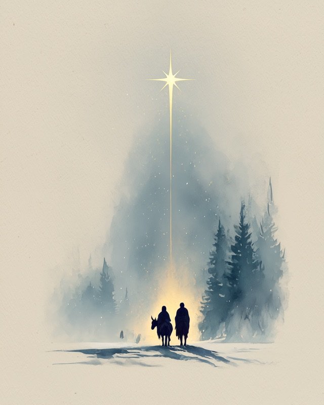 Minimalist holy family walking to Bethlehem winter illustration