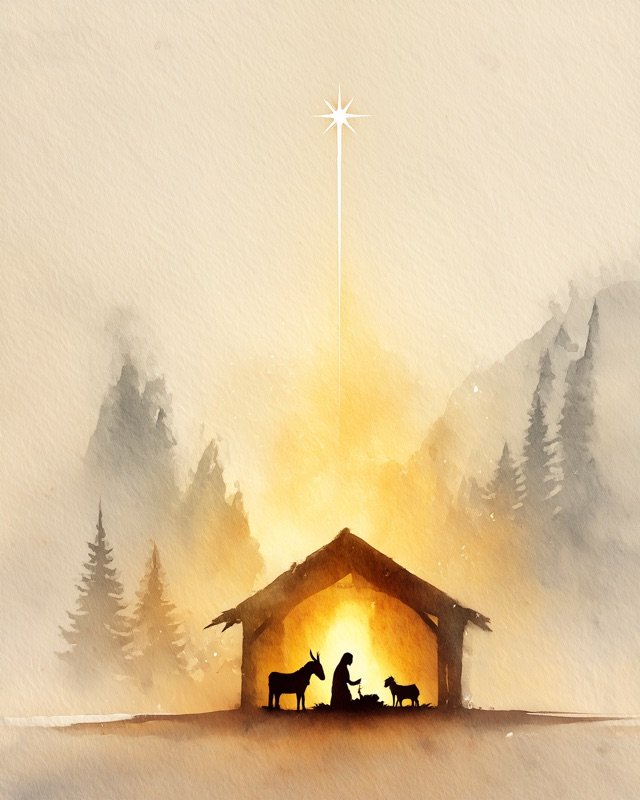 Minimalist manger scene with animals winter Christmas illustration