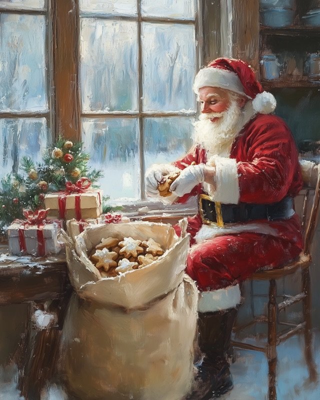 Impressionist oil painting of Santa Claus in warm festive interior