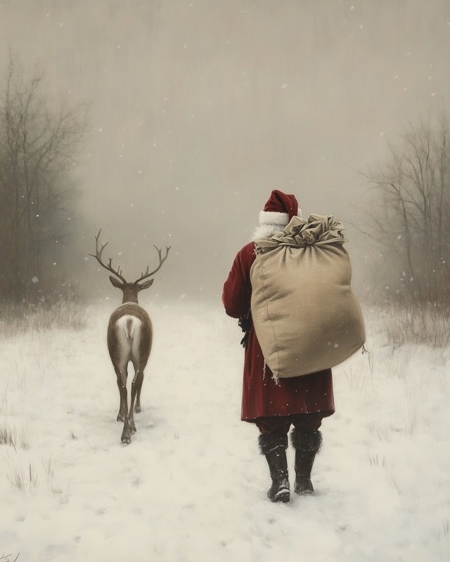 Oil painting of Santa Claus walking slowly through a winter landscape