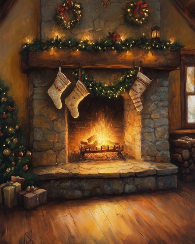 Oil painting of cozy Victorian Christmas room with stockings and fireplace