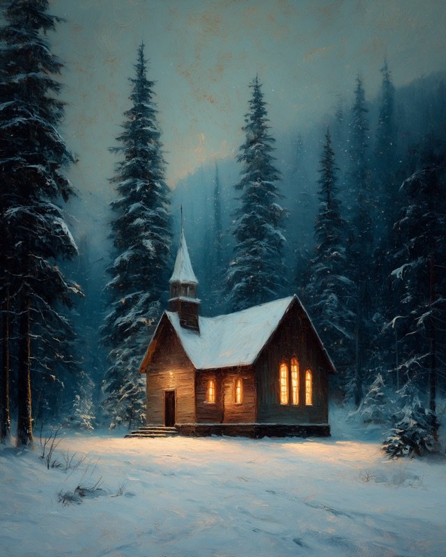 Atmospheric oil painting of a small wooden church in Christmas snow