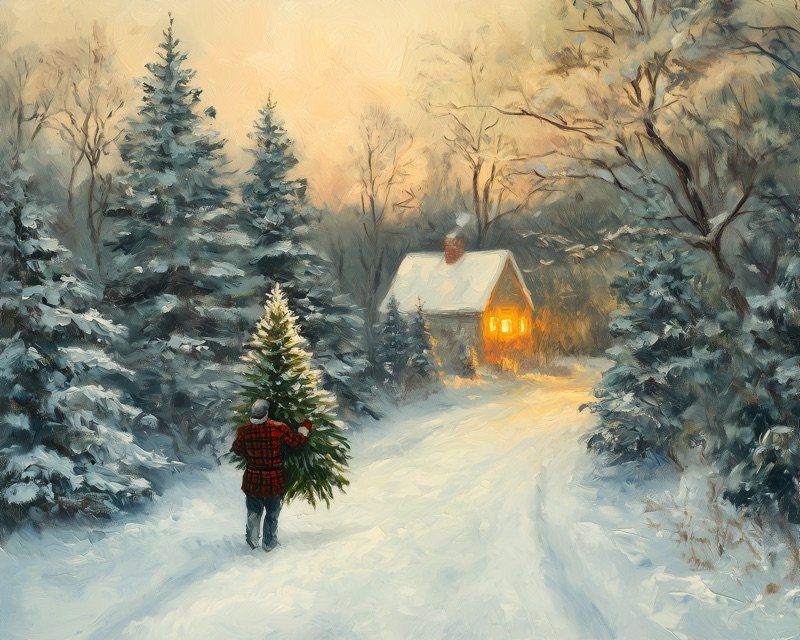 Tranquil snowy Christmas tree farm at twilight oil painting