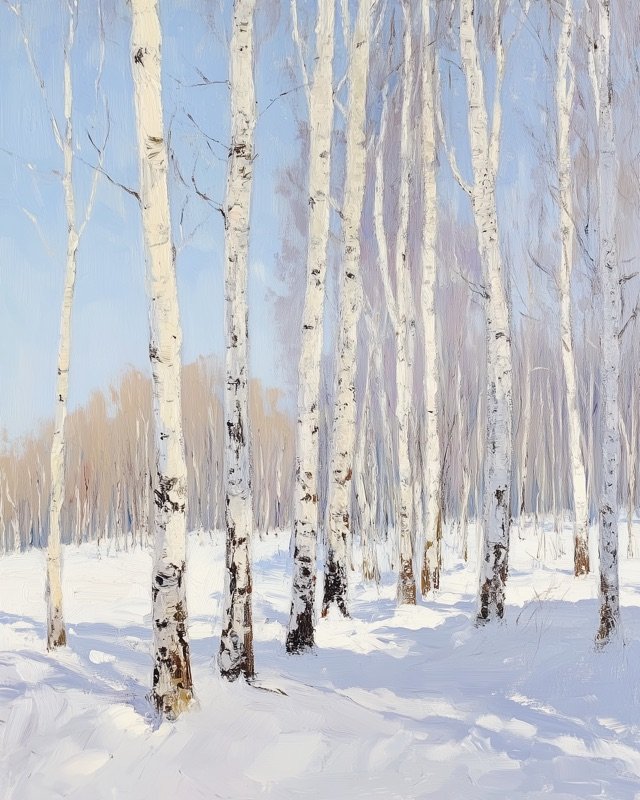 Oil painting of birch grove in snow with glowing white trunks