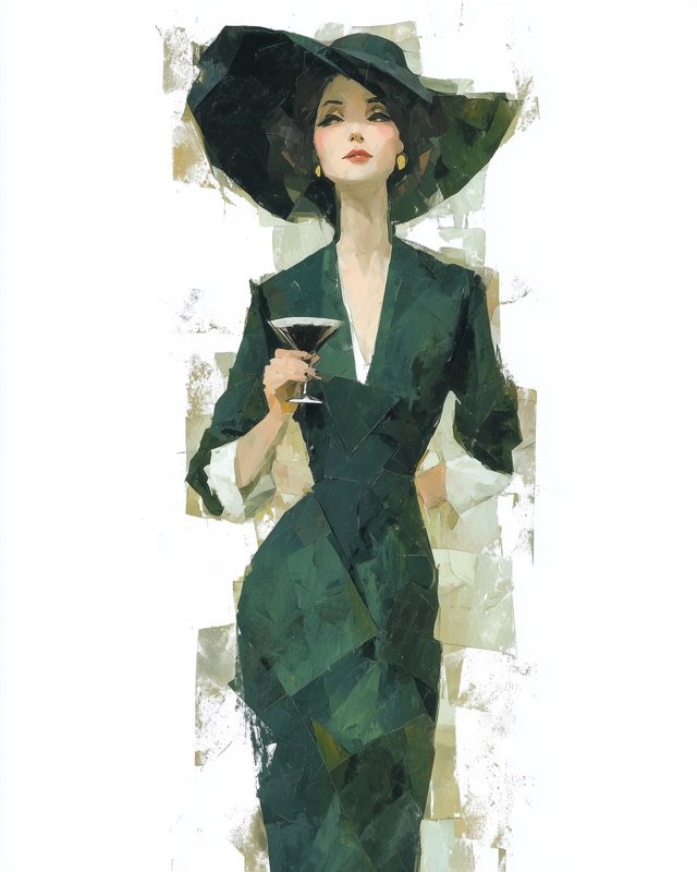 Minimal ink painting of a poised woman in elegant attire, loose figurative style