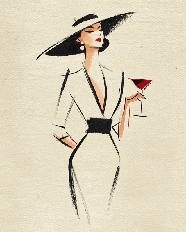 Confident woman in a cream coat and hat, minimalist ink painting in neutral tones