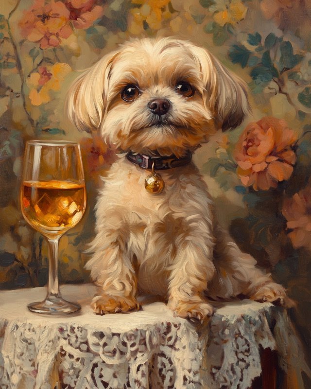 Shih Tzu sitting upright on a lace cushion, formal oil portrait in Victorian style