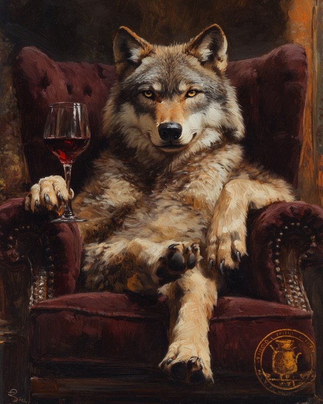 Noble wolf seated tall in a burgundy velvet chair, regal animal portrait painting