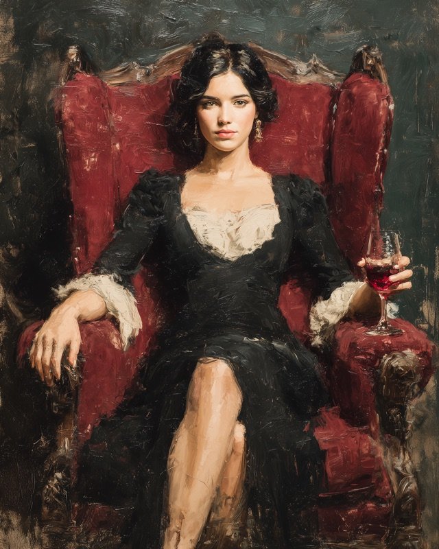 Refined black swan in a velvet armchair, elegant and unusual Victorian animal portrait