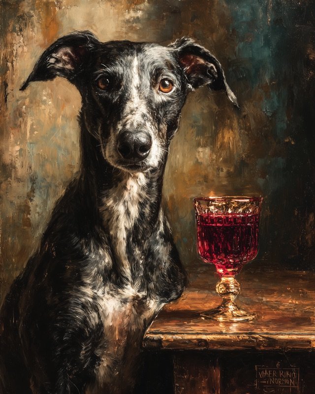Greyhound seated tall beside a polished writing desk, distinguished oil portrait art