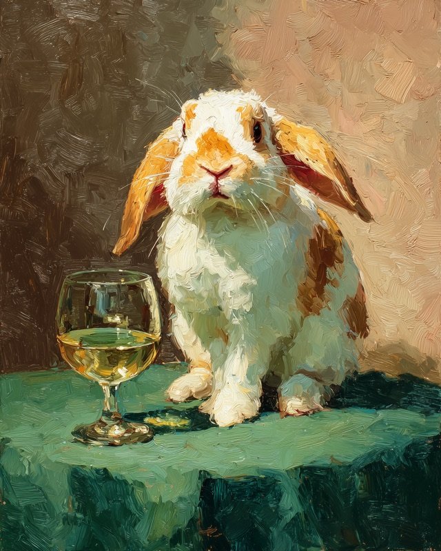 Holland Lop rabbit in a formal portrait pose, endearing oil painting in a classic style