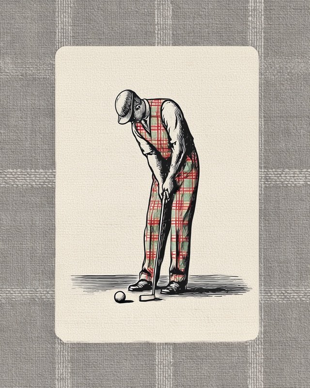 Retro playing card golfer set up to putt in a clean classic graphic style