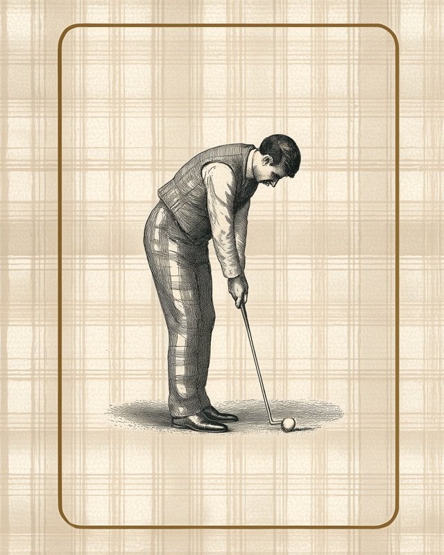 Vintage card style golfer addressing a putt rendered in muted warm tones